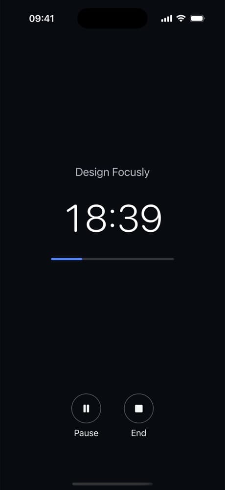 An active Focusly session with 18:39 remaining