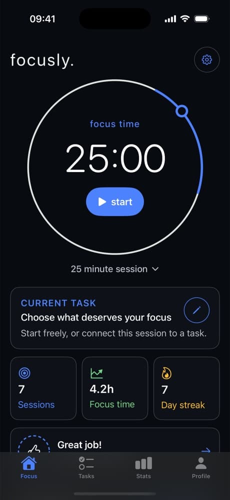 Focusly focus dashboard with a 25 minute timer, sessions, focus time, and day streak